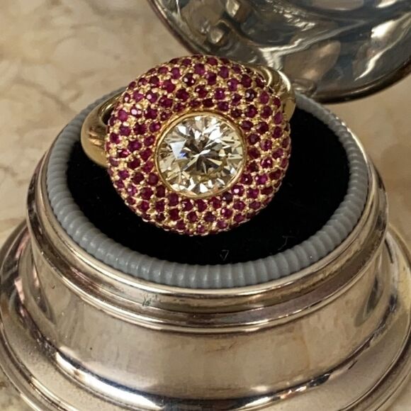 2.10 Carat Diamond Solitaire with 138 Rubies 18KYG Halo Ring - Picture 6 of 13